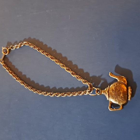 Jewelry - Teapot kettle bracelet rose flower silver tone antiqued